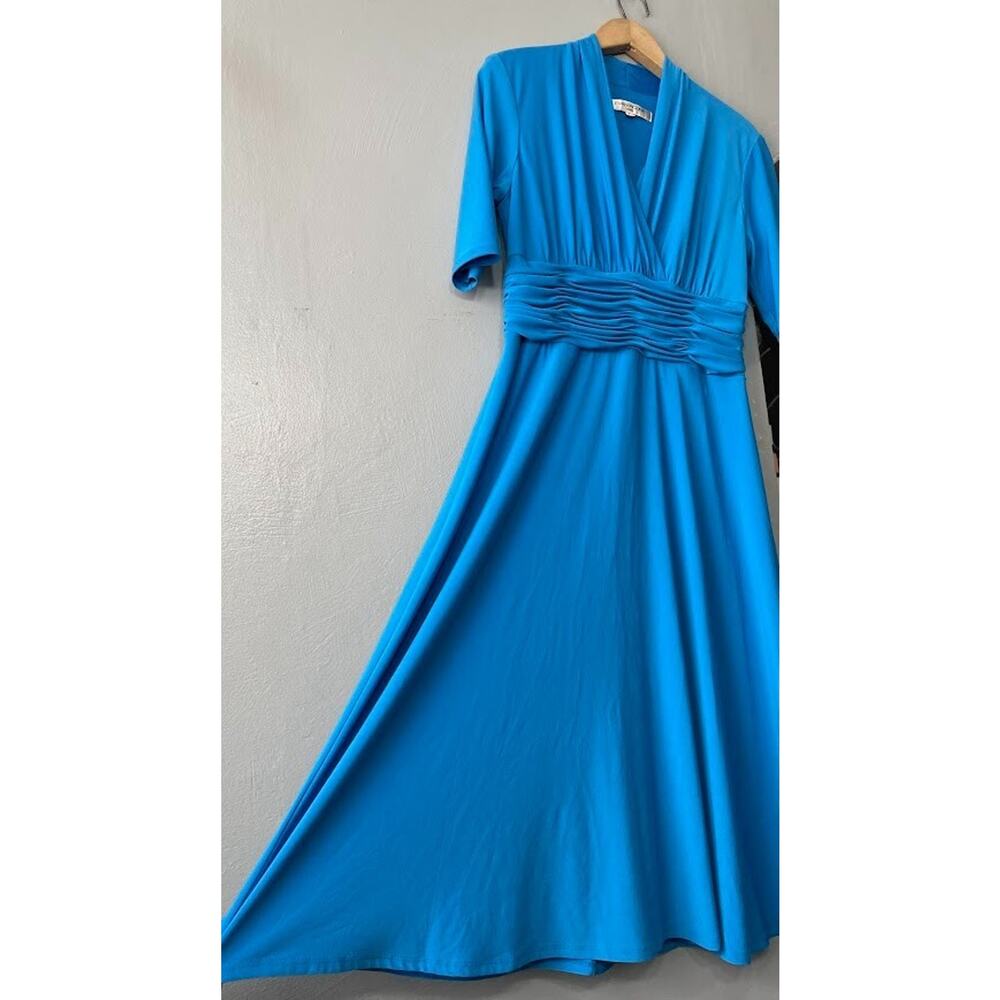 Evan Picone Size 8 Blue Midi Dress Surplice Neck Stretch Knit Travel Chic Ruched